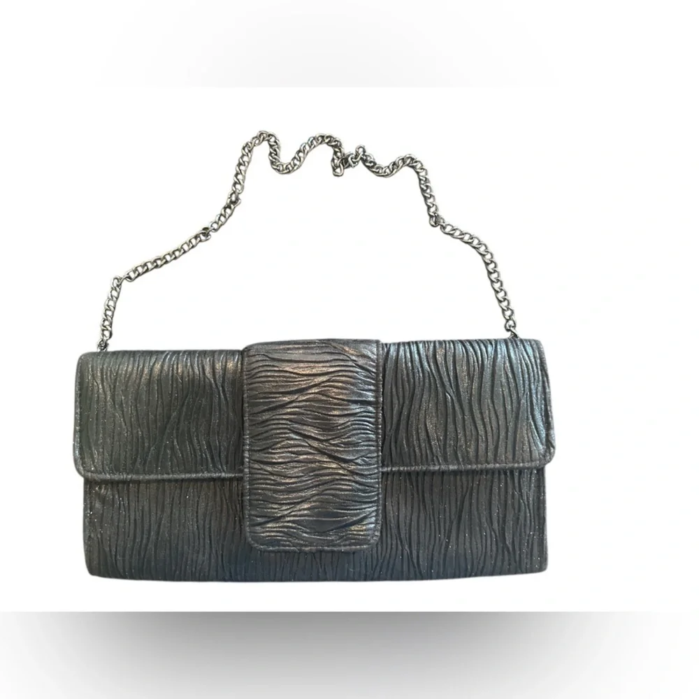 Jessica McClintock Textured Elegant Black Clutch Bag with Chain